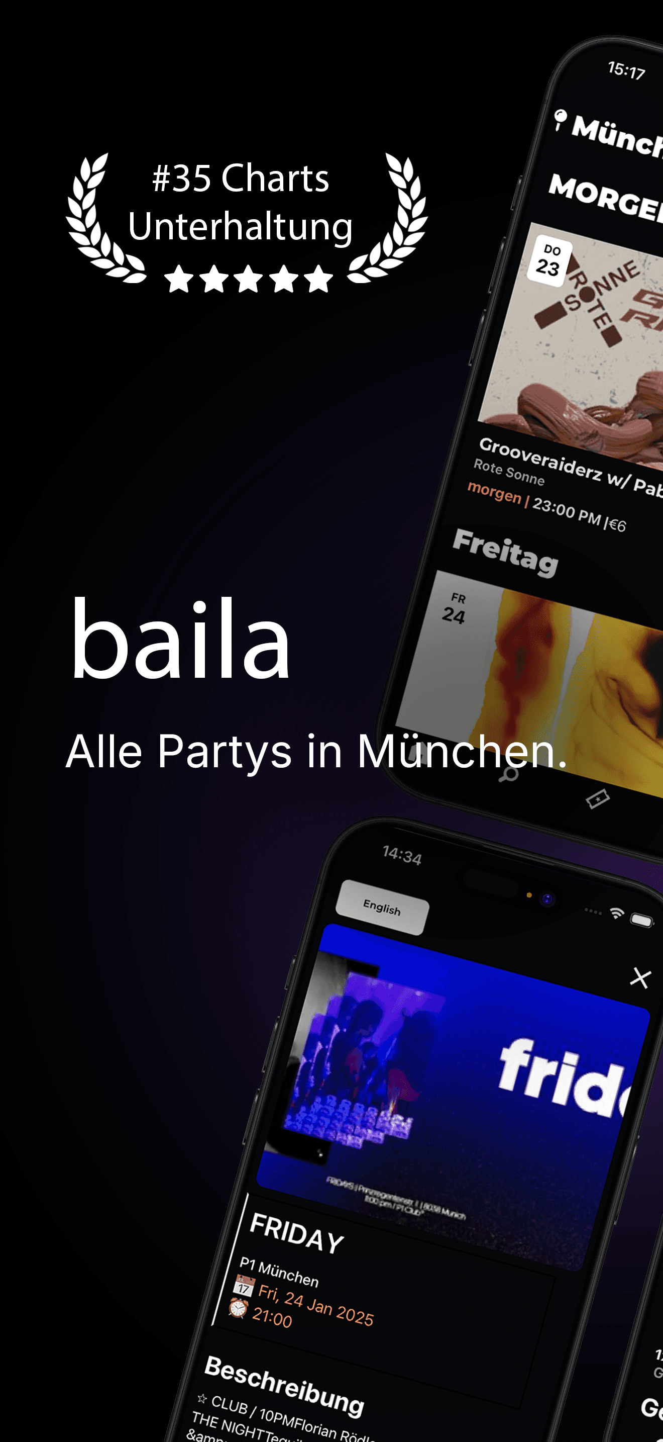 baila App Store Screenshot mit Charts und Events