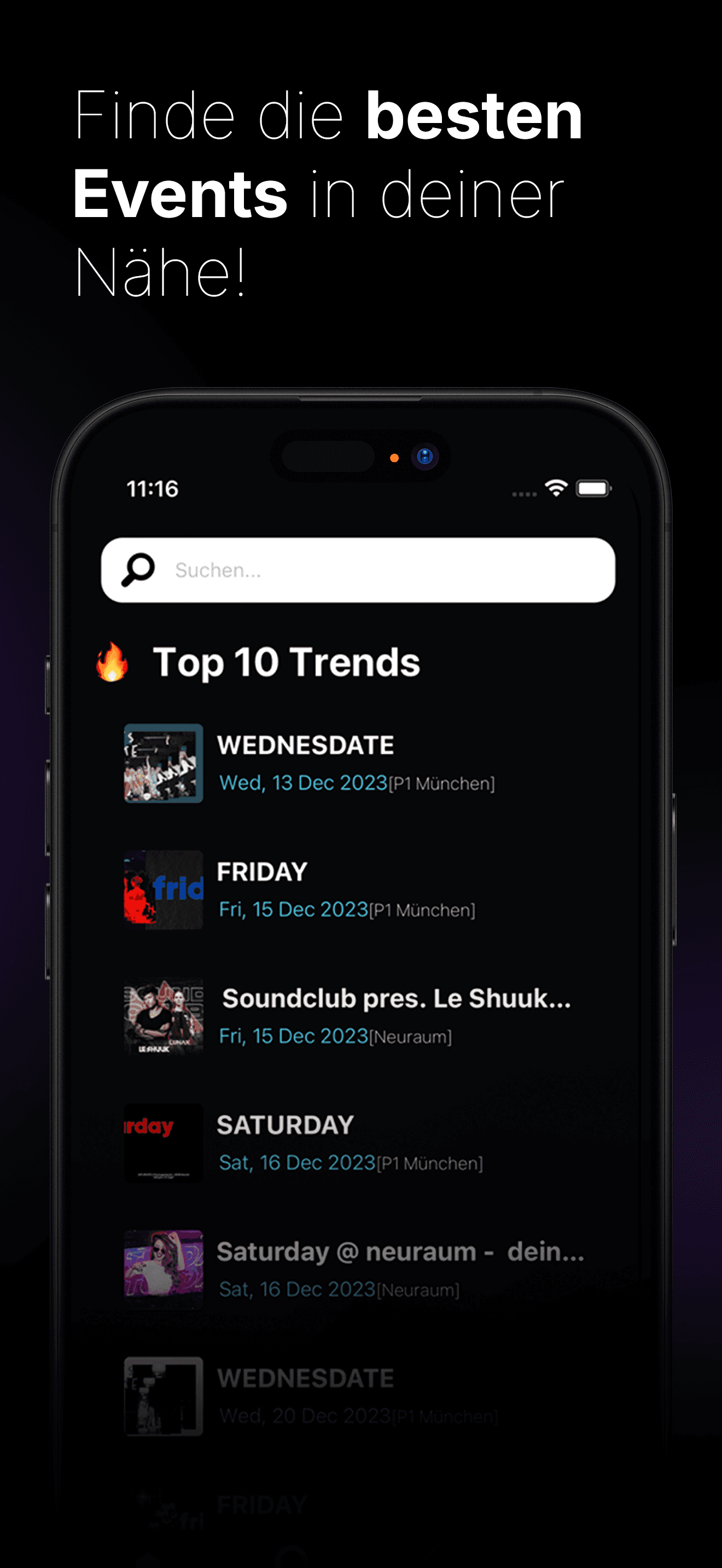 baila App Store Screenshot mit Events in der Nähe