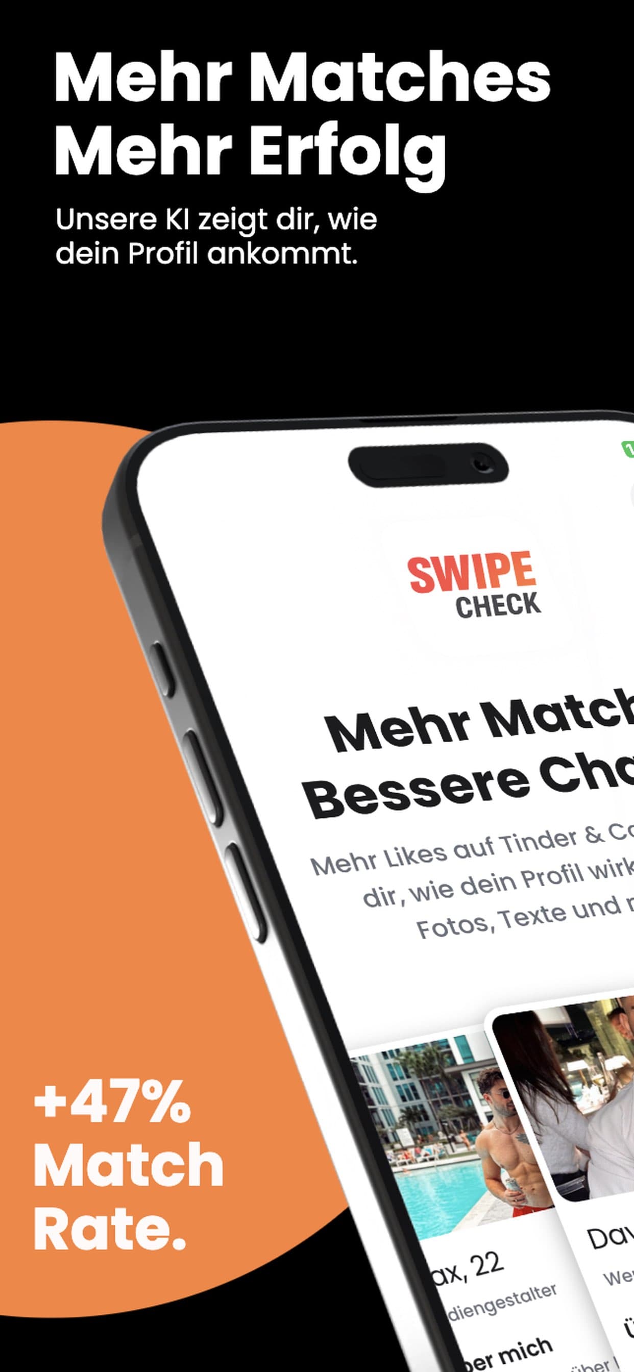 Swipe Check App Screenshot mit Mehr Matches und 47 Prozent höherer Matchrate