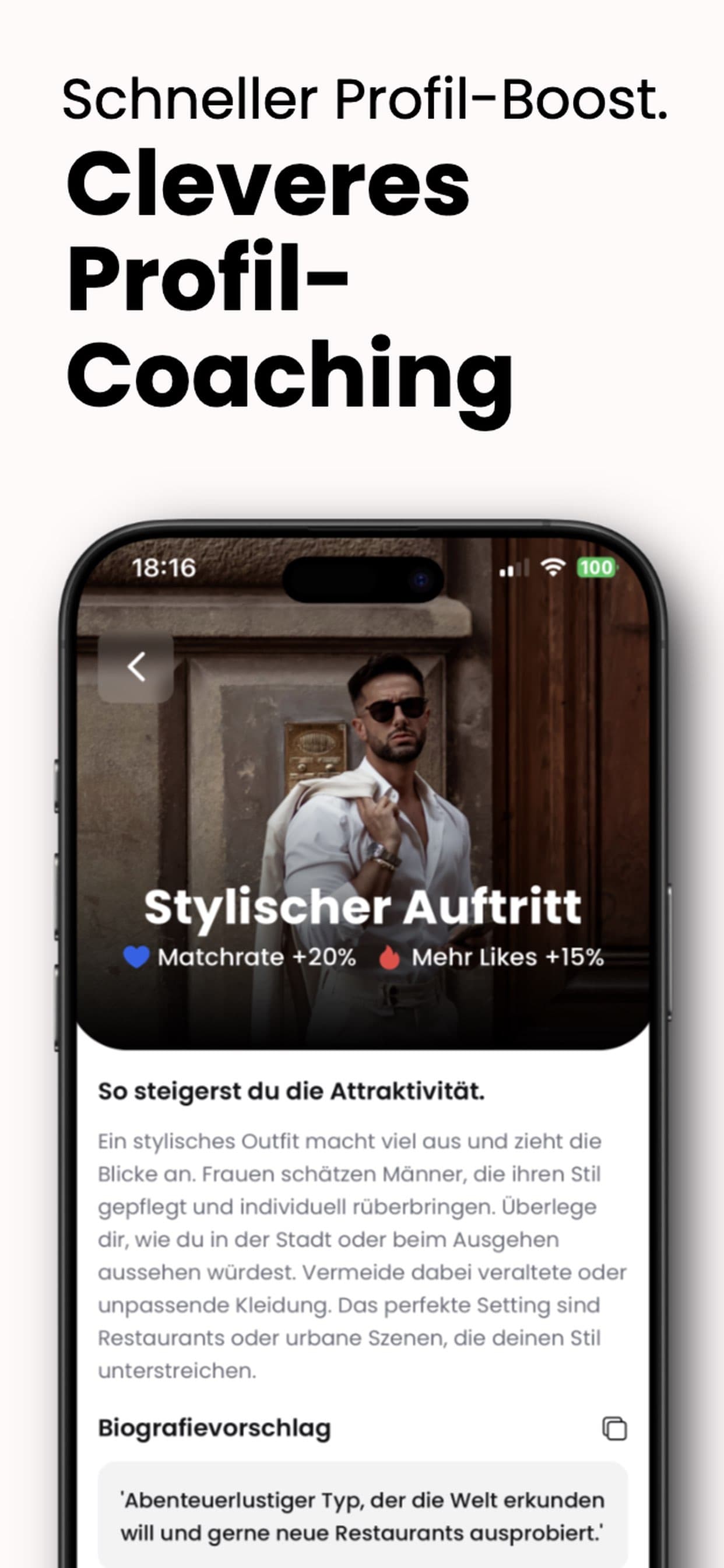 Swipe Check App Screenshot mit Profil-Coaching und Matchrate