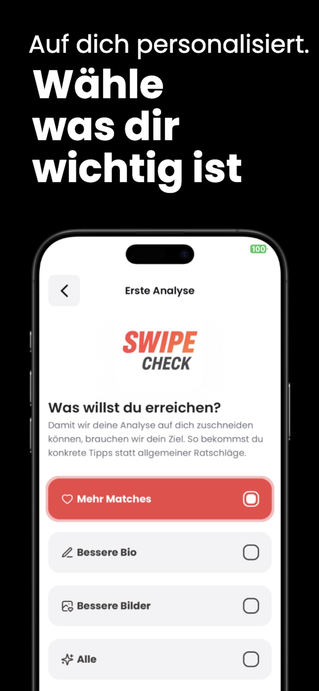 Swipe Check App Screenshot mit personalisierten Analysezielen